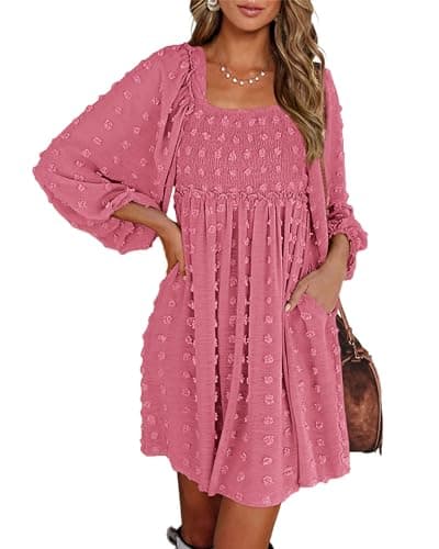 BTFBM Womens Long Sleeve Dress Summer Vacation Square Neck Smocked Floral Mini Boho Spring Wedding Guest Dresses 2026(Swiss Dot Bean Paste Red, X-Large) - Image 1