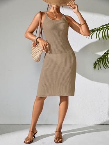 BreathSunny Womens Crochet Knit Slim Fit Swimsuit Coverup Summer 2025 Backless Scoop Neck Spaghetti Strap Side Slit Sheer Mesh Swimwear Coverups Beach Swim Bathing Suit Cover Up Midi Dress Khaki M - Thumbnail 6