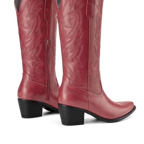 Athlefit Cowboy Cowgirl Boots for Women Fashion Low Chunky Heel Snip Toe Embroidery Western Mid Calf Boots Red Size 8.5 - Thumbnail 6