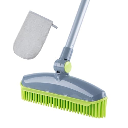 180°Rotating Head Rubber Broom with Squeegee for Pet Hair Removal - 51" Iron Handle Fur Remover Rake Brush for Carpet, Hardwood & Tile Floors, Includes Pet Hair Removal Gloves (Green) - Image 1