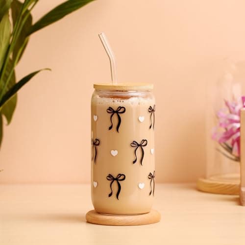 Coquette Black Bow Aesthetic Cup With Gift Box 16oz Glass Cup with Lids Straws and Black Bow Iced Coffee Smoothie Cute Tumbler with Cleaning Brush for Girls Bestfriend Sister Girlfriend, Preppy Stuff - Thumbnail 4