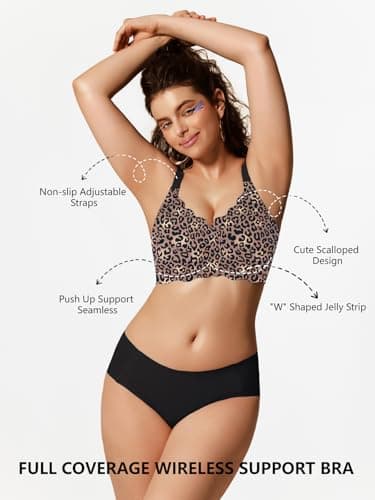 COCOMARTS Jelly Bras for Women No Underwire Scalloped Push Up Wireless Bralettes Seamless Soft Comfort Everyday Tshirt Bra Black Leopard Small - Thumbnail 5