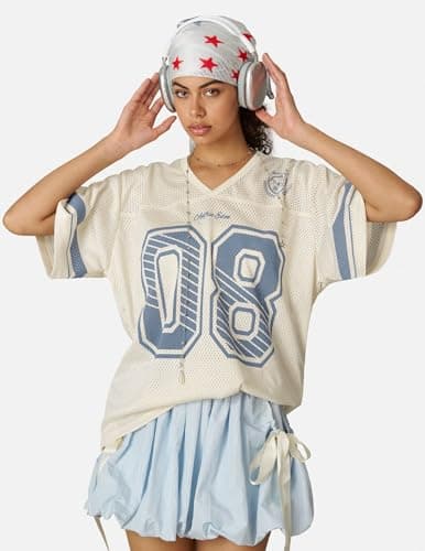 Aelfric Eden Jersey Shirts for Women Y2k Oversized V Neck Graphic Tees Football Number Streetwear T Shirt Tops Off White L - Thumbnail 5