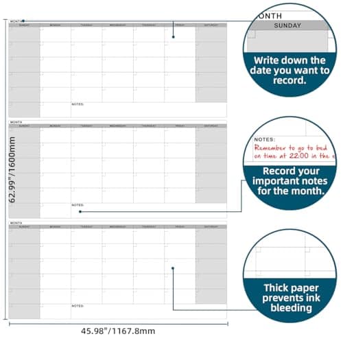 46" x 63" Dry Erase Wall Calendar - Undated 3-Month Agenda Planner Calendar, Erasable and Reusable Whiteboard with Large Daily Boxes, Notes, Stickers, Vertical Layout for Office, Classroom, or Home - Thumbnail 4