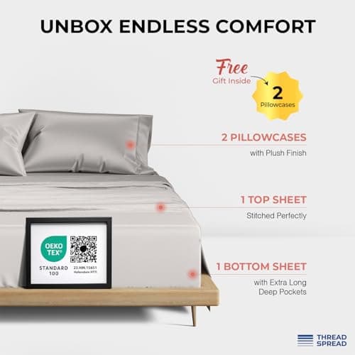 THREAD SPREAD 100% Egyptian Cotton Queen Sheets Set - 1200 Series Plush Collection Luxury Egyptian Cotton Sheets Queen Size Deep Pocket (4 PC, Light Grey), Soft, Cooling, Sateen Weave Sheet Set - Thumbnail 3