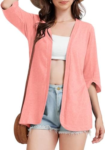 Bosmeer Cardigan Sweaters for Women Petal Cuff 3/4 Sleeve Kimono Cardigans Summer Outfits Lightweight Beach Cover Up Pink M - Thumbnail 4