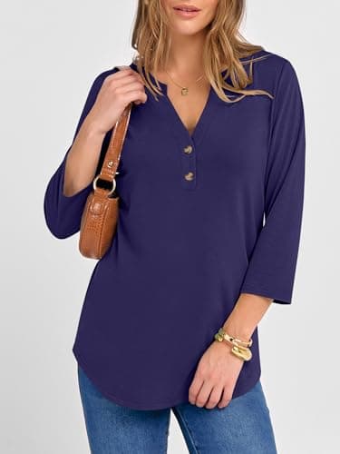ANRABESS Women 3/4 Length Sleeve Henley Tops V Neck Business Casual Work T Shirts Cute Travel Shirt 2026 Spring Trendy Outfit Dark Blue Medium - Thumbnail 3
