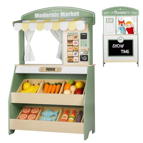 DREAM BUILDING Kids Grocery Store Pretend Play, Puppet Theater&Grocery Store Playset Toy Double-Sided, Toddler Supermarket Toy Cash Register w/Blackboard, Display Shelves, Gift for Boys Girls, Green - Image 1