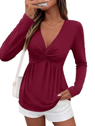 BTFBM Babydoll Tops for Women 2026 Fall Fashion Twist Front V Neck Flowy Long Sleeve Blouses Dressy Casual Peplum Tops(Burgundy, X-Large) - Image 1