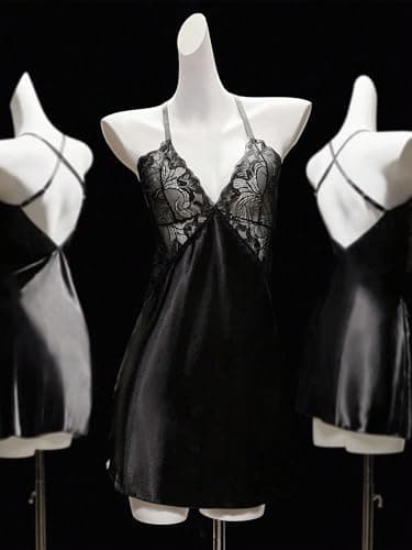 Rigeri Sexy Night Gowns For Woman Naughty V Neck Nightwear Sexy Satin Lingerie Sleepwear Lace Chemise Black Satin Mini Dress Lingerie Sets For Women Valentine's Gifts For Wife Black M - Thumbnail 6