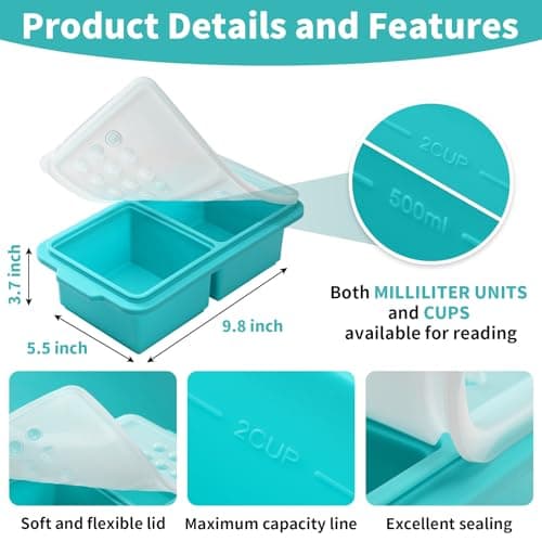 EuChoiz 2 Pack Silicone Freezer Tray Cubes 2 Cup with Date Mark Lids for Freezing Food Leftovers Sauces Portion and Lasagna Broth, Soup Freezer Molds for Meal Prepping Thick Enough - Thumbnail 5