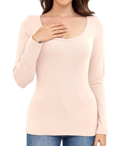 Ganado Long Sleeve Shirts for Women Scoop Neck Thermal Shirt Plain Basic Tops Fitted Layering Undershirts (Beige, X-Large) - Image 1
