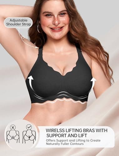 OEAK Women Jelly Bras No Underwire Scalloped Push Up Buttery Soft Tshirt Bra Seamless Full Coverage Convertible Everyday Bra Jacquard Black,4XL - Thumbnail 4
