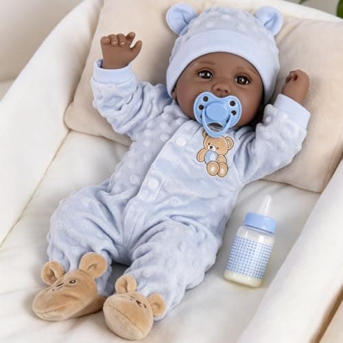 Milidool Black Reborn Baby Dolls Boy 18 Inch Lifelike Black Silicone Baby Dolls that Look Real African American Newborn Boy Dolls Realistic Baby Doll with Bear Clothes Gift Set for Ages 3+ - Thumbnail 2