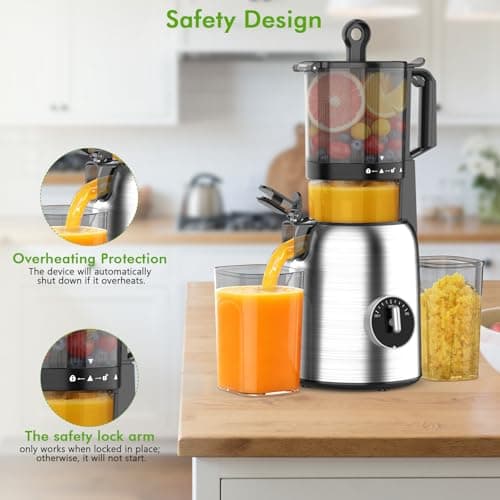 Kismile 300W Cold Press Juicer, 5.4" Wide Feed Chute, Slow Masticating Juicer Machines Vegetable and Fruit, Electric Juicers Juice Maker with Reverse Function, Stainless Steel Juicer Easy to Clean - Thumbnail 2