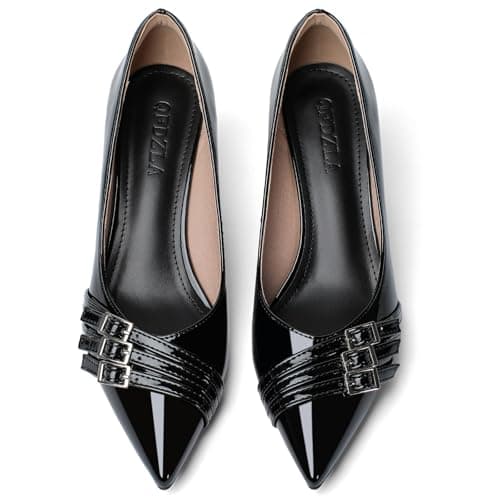 Women's Kitten Heels Leather Comfortable Closed Toe Pointed Toe Pumps Stiletto Heeled Dress Shoes for Women Classic Wedding Party Work Pump Shoes Black Size 8 - Thumbnail 5