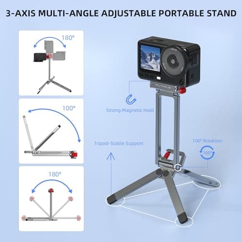 Flymile Action 6 Magnetic Quick Release Mini Tripod Stand, 180° Adjustable Aluminum Tripod Table Mount Desk Base for DJI Osmo Nano with 1/4" Screw Adapter, Arca & Foldable Hook Fits Travel Accessories - Thumbnail 5