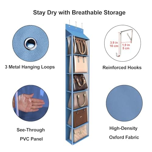 Lirex Over The Door Purse Organizer & Purse Shelf for Closet – Handbag Storage Organizer with Purse Hanger. Perfect for Scarves, Hats, and Leggings. S (11.8'' x 5'' x 51.6''), Blue - Thumbnail 3