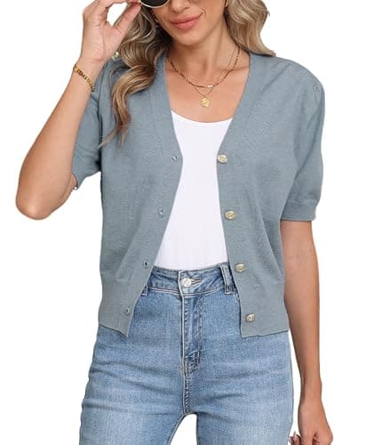 COSSEN Women's Cardigan Sweaters Sky Blue X-Large V Neck Bolero Crop Coat Crochet Button Down Short Sleeve Short Tops Trendy Open Front Lightweight Jacket Summer Knit Cropped Shrug for Dress - Image 1