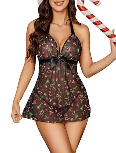 Avidlove Sexy Christmas Lingerie for Women Lace Lingerie for Women Halter Sheer Mesh Nighties - Image 1