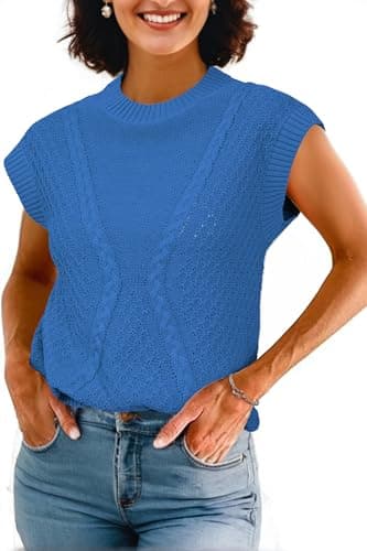 Arach&Cloz Womens Spring Sweater Vest 2025 Cap Sleeve Crew Neck Casual Tops Cable Knit Crochet Loose Fit Summer Outfits Royal Blue L - Image 1