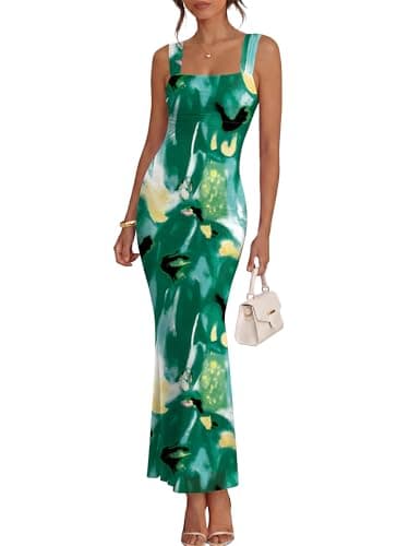 Caracilia Dresses for Women Summer 2026 Sleeveless Mesh Bodycon Floral Maxi Formal Wedding Guest Dress Party Spring Print Green Large - Image 1