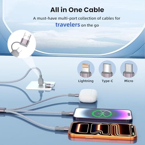 Travel Multi Charging Cable, 5 in 1 Charging Cables for Multiple Devices, Nylon Universal Phone Charger Cord USB A/C to Type C/Micro USB/IP for iPhone17/16/15/14/Phone&Pad (2Pack,4FT)Gray+Brown - Thumbnail 3
