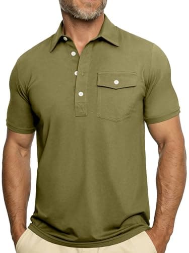 JEMLDL Short Sleeve Polo Shirts for Men Summer Quick Dry Stretch Slim Fit Golf Shirt with Pocket 4 Button Placket Olive S - Image 1