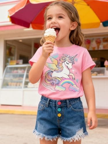 Funnycokid Little Girls Shirt Size 6 7 Kids Pink Tees Unicorns Bubbles Animal T-Shirt Graphic Short Sleeve Clothes Tops - Thumbnail 3