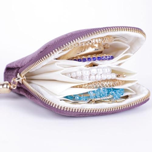 ASINGYER Travel Jewelry Storage Bag for Women, Velvet Portable Jewelry Organizer with Tassel Zipper, Small Pouches for Bracelets Necklaces Rings Earrings, Wedding Gift for Women (purple) - Thumbnail 2