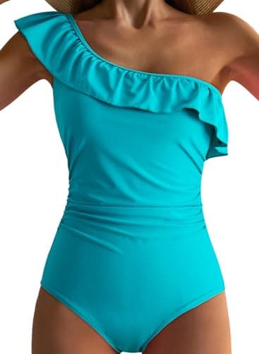 Dokotoo Womens One Piece Swimsuits One Shoulder Ruched Asymmetric Ruffles Removable Padded Sexy Monokinis Tummy Control Plus Size Swimwears,Peacock Blue X-Large - Image 1