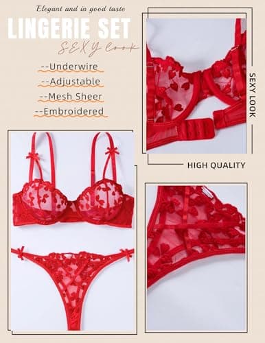 Avidlove Lingerie for Women Sexy Underwire Lingerie Set Cute Push Up Bra and Panty Set Red XL - Thumbnail 5