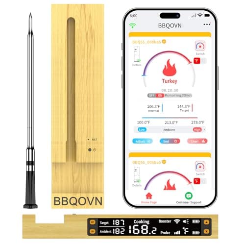 BBQOVN WiFi Sub-1G Wireless Meat Thermometer Unlimited Range, Check Temp Anywhere,7 NIST Certified Sensors with Ambient Temp, Monitor for BBQ, Grill, Oven, Smoker, Air Fryer (Harvest Bamboo) - Image 1
