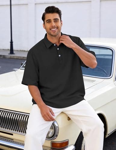 Eisctnd Men's Polo Shirts Short Sleeve Linen Blend Golf Collared T-Shirt for Summer Wedding Beach Vacation Business Casual(Black-XL) - Thumbnail 4