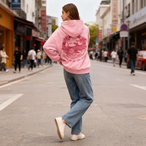 Enthowother Palm Puff Hoodie for Women, Cute Palm Pink Graphic Pullover Sweatshirt (Pink,Medium) - Thumbnail 5