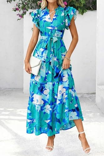 dowerme Women Summer Maxi Dresses 2026 Ruffle Sleeve V Neck Floral Boho Long Dress Belted Tiered Sundress with Pockets(Floral Blue Green,Small) - Thumbnail 2