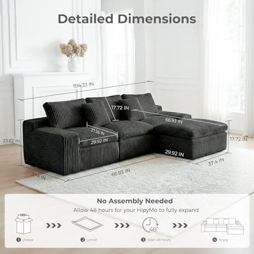 HipyMo 105” L-Shaped Cloud Sectional Couches for Living Room, 3 Seater Modular Sectional Sofa with Ottoman, Boneless Couch with Deep Seats and Comfy Corduroy Cloud Sofa for Apartment, Black - Thumbnail 2