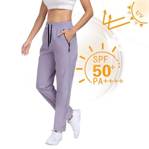 Hiking Pants Women Water Resistant Quick Dry Lightweight Sweatpants Zipper Pockets Elastic Waist Drawstring UPF 50+ Casual Athletic Lounge Travel Purple M - Thumbnail 5
