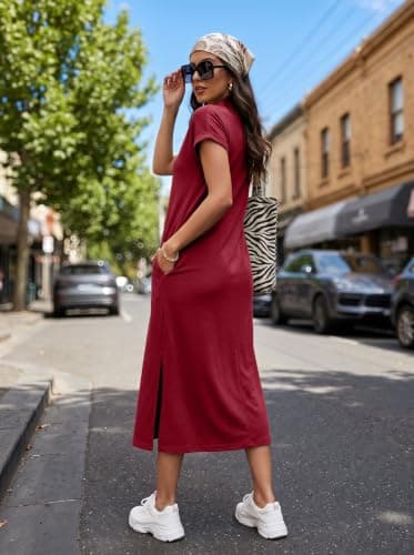 BEXIBOOM Women's V Neck Maxi Dress for Women, Cap Sleeve Collared Casual Long Dress with Pockets, Summer Beach Vacation Work Dress Burgundy-M - Thumbnail 5