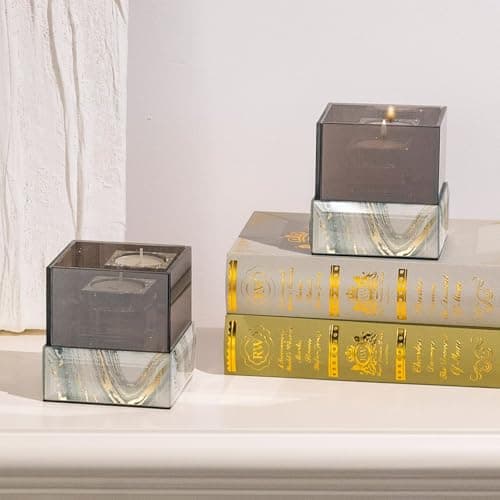 Crystal Glass Candle Holder Suqare with Marble Pattern-Tealight and Votive Candles Holders Centerpiece Table Decorations for Home Décor, Dining Room, Kitchen, Patio (White) - Thumbnail 3