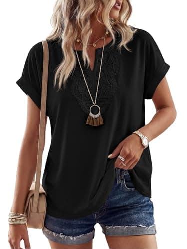PRETTYGARDEN Short Sleeve Tops for Women Trendy Summer Lace Front V Neck Workout Shirts Women Boho Classy Going Out Top (Black, Small) - Image 1