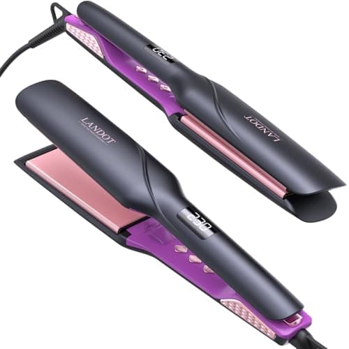 LANDOT Wide Flat Iron Hair Straightener for Fast Styling Thick/Long/Coarse Hair: 1-3/4 Inch Ceramic Straightener for Less Frizz, Smoother Shinier Results - Dual Voltage & 12 Temp Setting 250-450F - Image 1