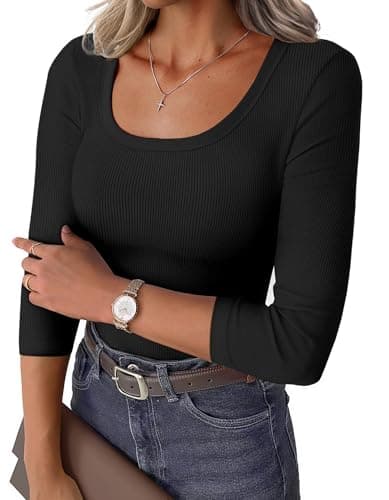 GKBK Womens 3/4 Sleeve Scoop Neck Tops Ribbed Knit Slim Fitted Casual Basic Tee Shirts 2026 Summer Fashion Trendy Work Casual T-Shirt Workout Outfits Thermal Undershirts Layering Clothes Black S - Image 1
