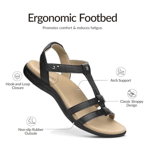 Rihero Women's Orthopedic Flat Sandals with Arch Support Comfortable Dressy Casual Walking Orthotic Flat Sandals Black Emboss Size 8.5 - Thumbnail 4