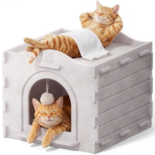 Apasiri Cat Bed Cave for Indoor Cats: New Felt Cat Bed with Fluffy Ball Hanging, Foldable Cat House with Scratch-Resistant Board, Hideaway Cat Cave for Timid Cats, Sturdy Two-Tier Cat Condo - Gray