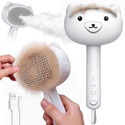 No-Rinse Steam Cat Brush, Silicone Scraper Included, Dog Brush Deshedding with Release Button, primecat, Cat Brushes for Shedding, USB Rechargeable, for Grooming & Haired Pets, Dogs & Cats, White - Image 1