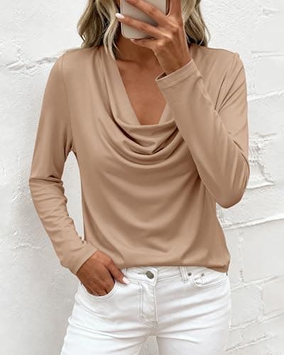 PRETTYGARDEN Womens Spring Tops 2026 Dressy Cowl Neck Long Sleeve Shirts Loose Business Casual Blouses Teacher Tunic Top(Khaki,X-Large) - Thumbnail 3
