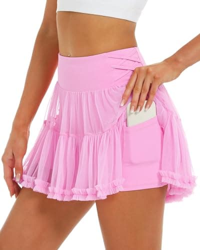 Stelle Women's High Waist Athletic Skorts with Shorts Pockets Ruffle Flowy Mini Cake Skirt Layered Pleated Cute Casual Summer (Cotton Candy,XXS) - Thumbnail 2
