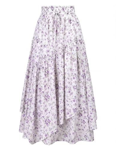 Scarlet Darkness Women Floral Print Boho Skirt Elastic High Waist Long Maxi Skirts with Pockets White Purple Floral S - Image 1
