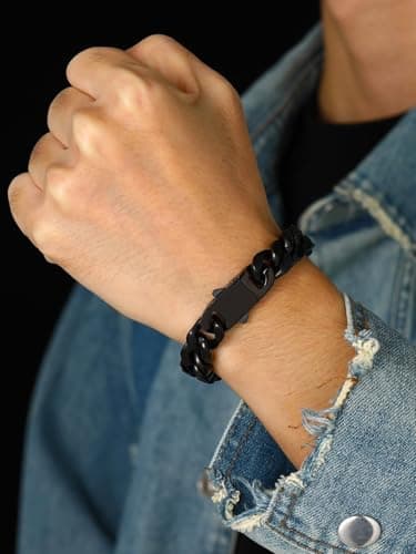 Bestyle 12mm Black Men Chain Bracelets Thick Black Metal Filled Stainless Steel Miami Cuban Link Bracelets Chunky Bracelet Punk Rapper Cuban Links Hand Chains, 19cm/7.5Inch - Thumbnail 4